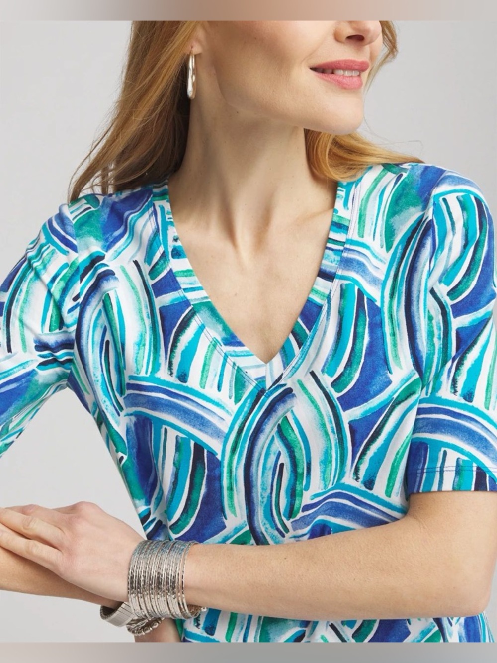 CHICOS Cotton Ocean Print V-Neck Perfect Tee in Paradiso Blue Chicos Size 0